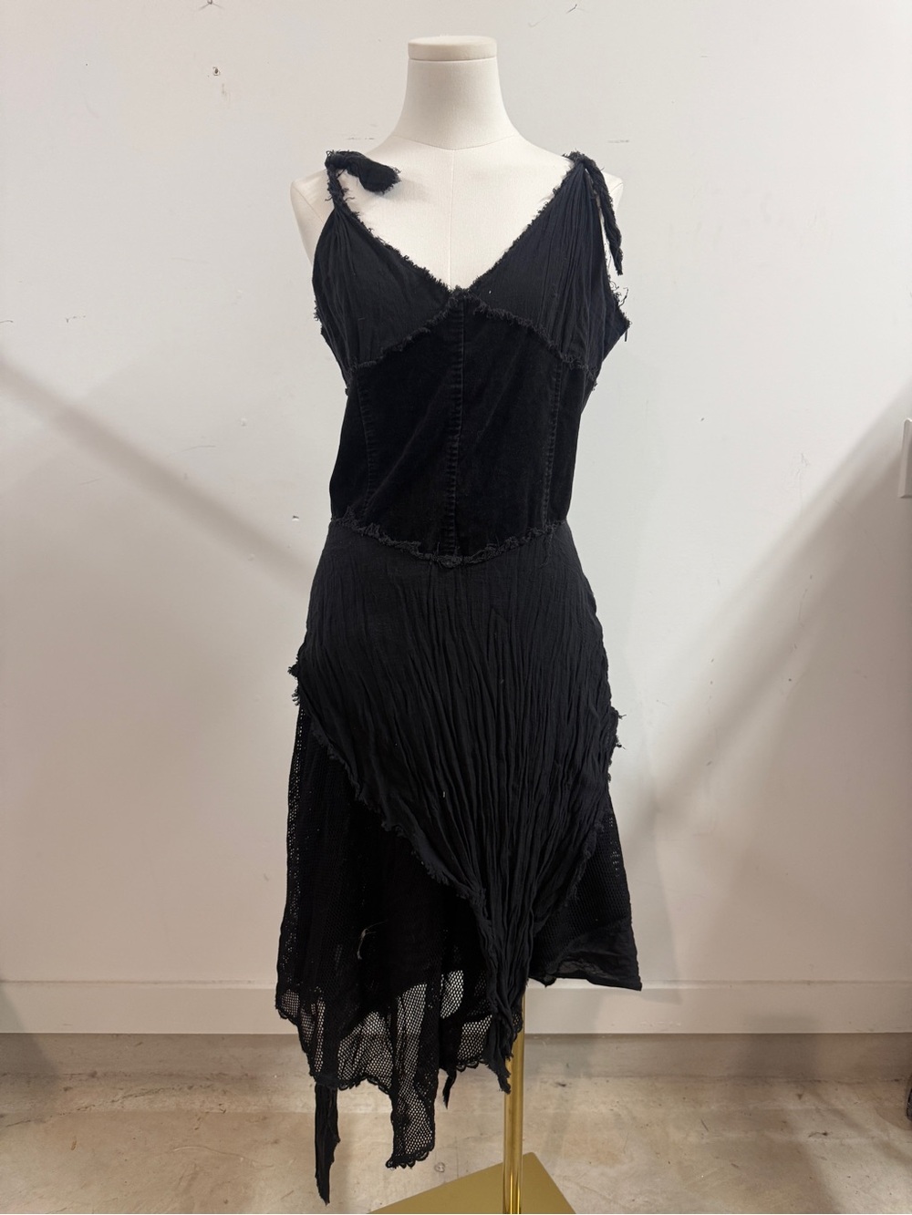 Lip Service Black Asymmetrical Tie-Shoulder Midi Dress Netting Velvet Corset